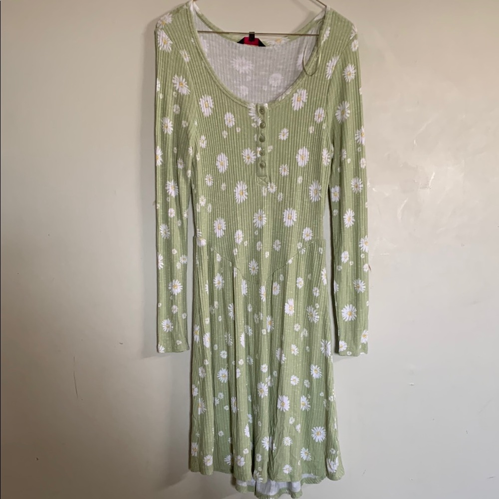 No Boundaries Green daisies print Fit and Flare ribbed dress